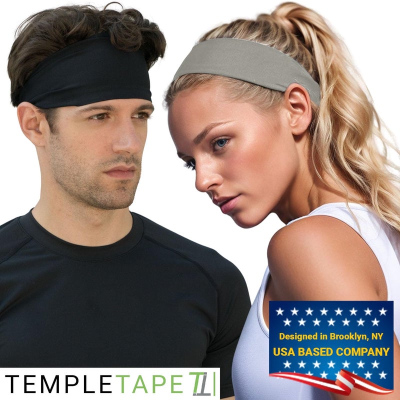 Temple Tape, Value 2-Pack, Mens Headband - Guys Sports Headbands Moisture Wicking Workout Sweatbands for Running, Cross Training, Skiing and Bike Helmet Friendly - 1-Black & 1-Gray Sweatband - Image 3